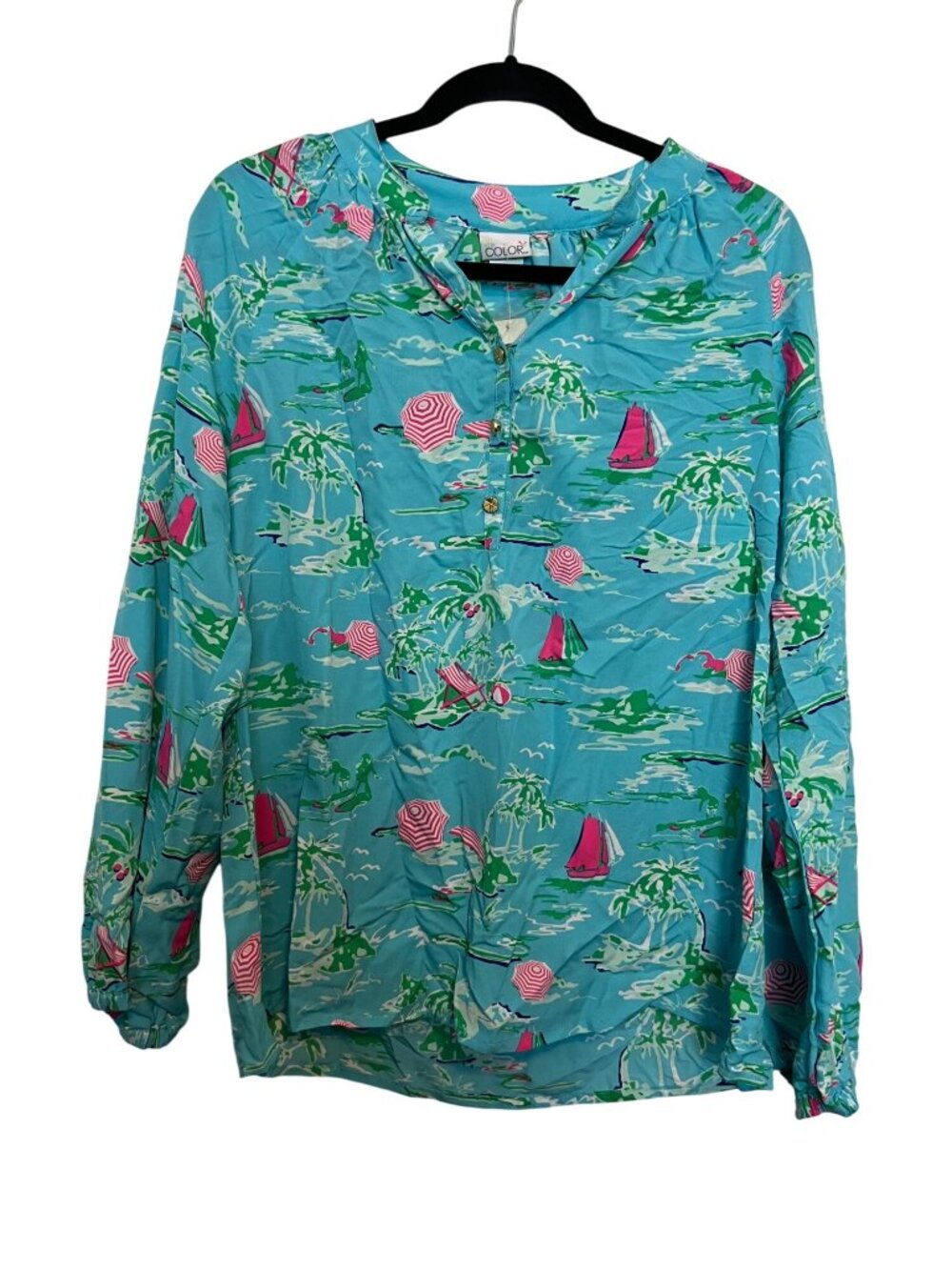 All For Color Womens Tropical Print Long Sleeve Blouse Size M